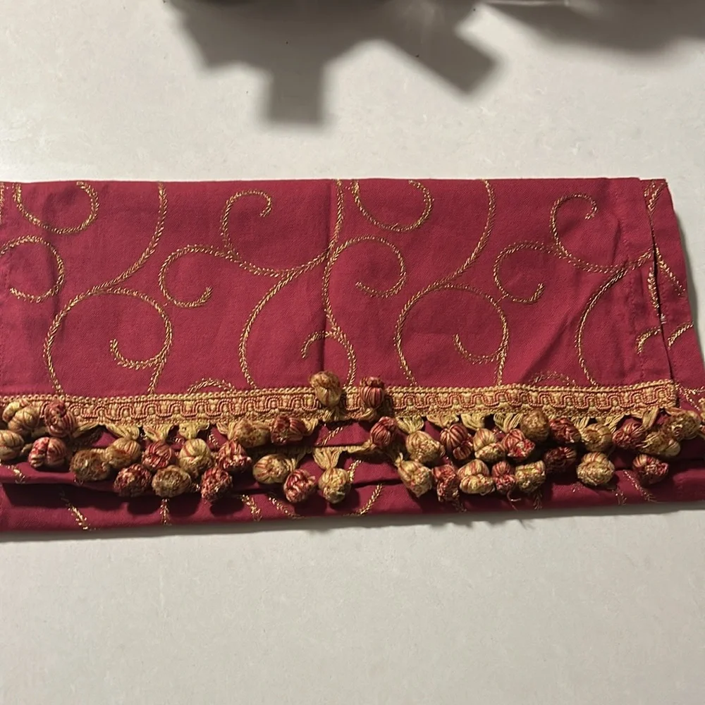 Bovi Italian dark cherry and gold embroidered table runner w tassels